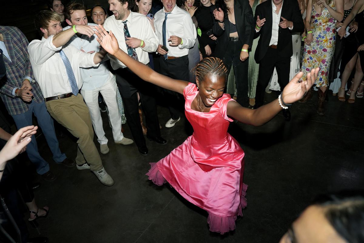 Olamide Olayiwola tears it up in the center of a dance circle on April 27 at Cornerstone during Senior Prom to account for the fact most high school seniors four years ago weren’t able to have proms nationwide due to COVID. It was well organized, well attended and just the right amount of wild. This was the first year of the dance and all although it’s uncertain of its continuance, 它很受欢迎. Photo by Jamie Cotten / Colorado College